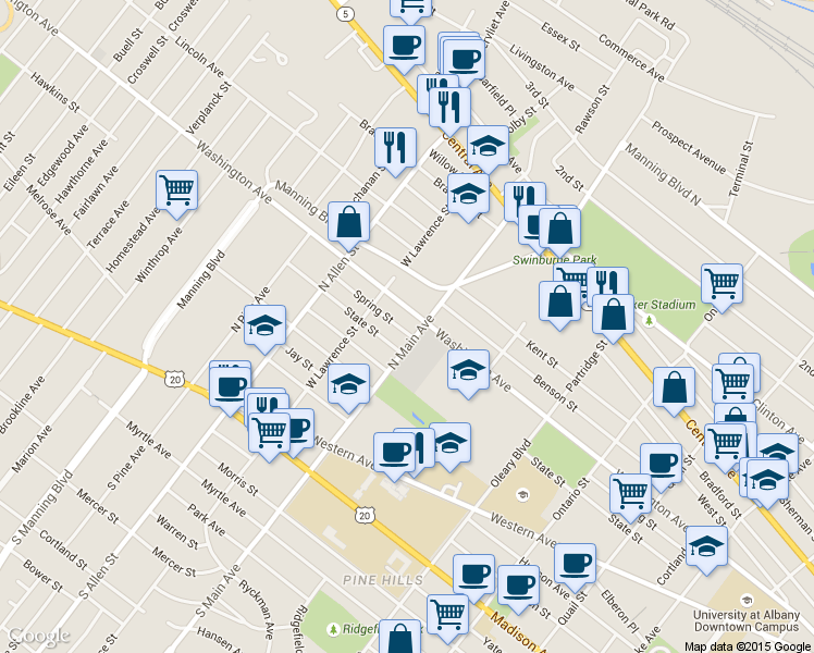 map of restaurants, bars, coffee shops, grocery stores, and more near 790 Washington Avenue in Albany