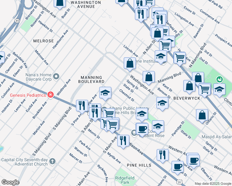 map of restaurants, bars, coffee shops, grocery stores, and more near in Albany