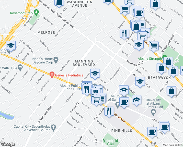 map of restaurants, bars, coffee shops, grocery stores, and more near 71 North Pine Avenue in Albany