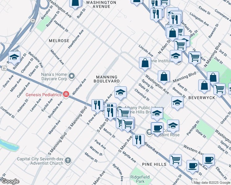 map of restaurants, bars, coffee shops, grocery stores, and more near 71 North Pine Avenue in Albany