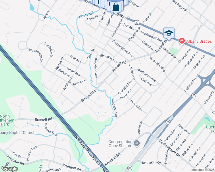 map of restaurants, bars, coffee shops, grocery stores, and more near 7 Fay Street in Albany