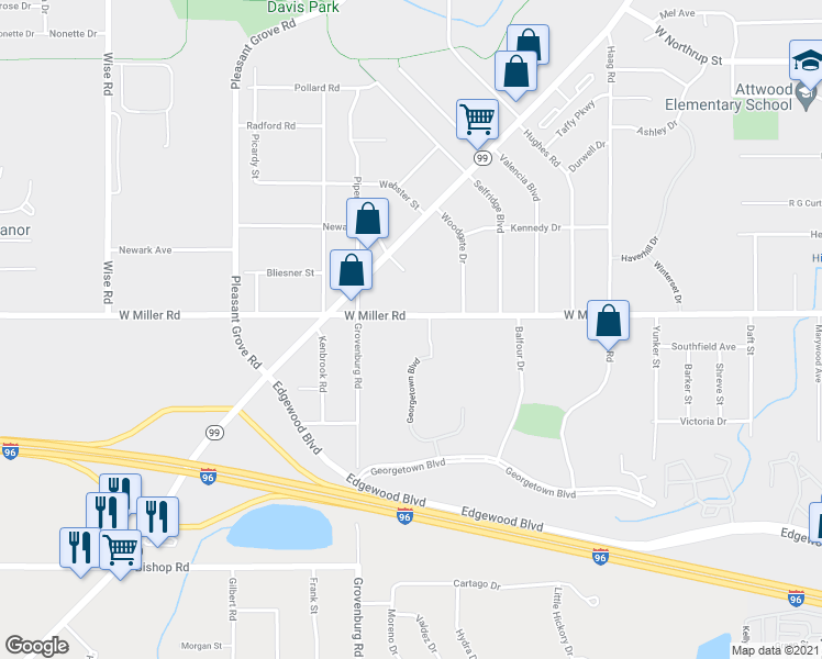 map of restaurants, bars, coffee shops, grocery stores, and more near 2035 West Miller Road in Lansing