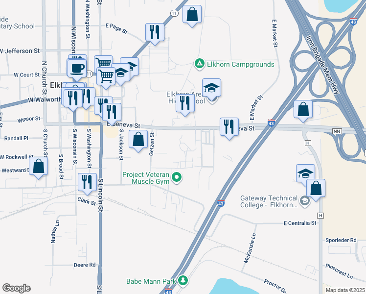 map of restaurants, bars, coffee shops, grocery stores, and more near 168 Lewis Street in Elkhorn