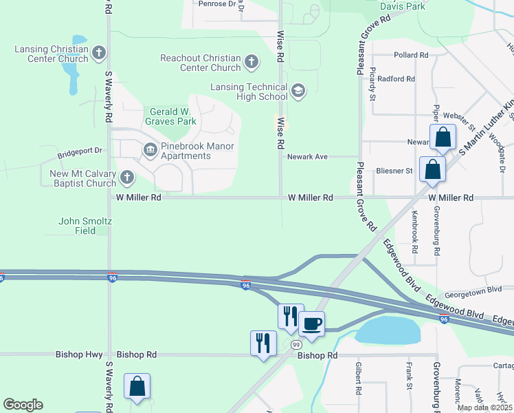 map of restaurants, bars, coffee shops, grocery stores, and more near 3201 West Miller Road in Lansing