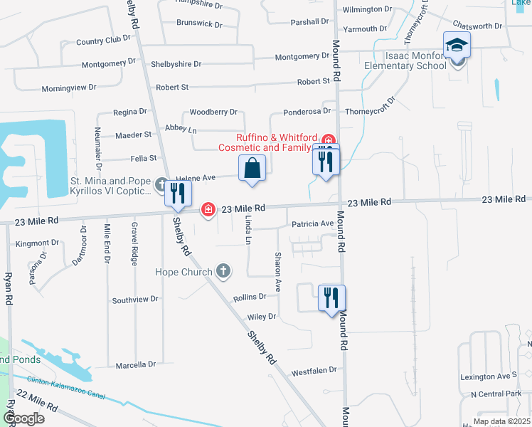 map of restaurants, bars, coffee shops, grocery stores, and more near 5440 23 Mile Road in Macomb County