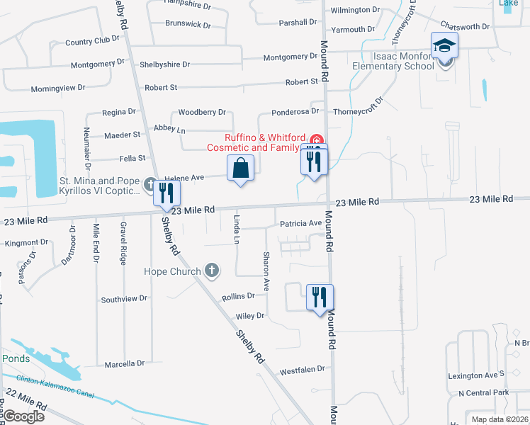 map of restaurants, bars, coffee shops, grocery stores, and more near 5440 23 Mile Road in Macomb County