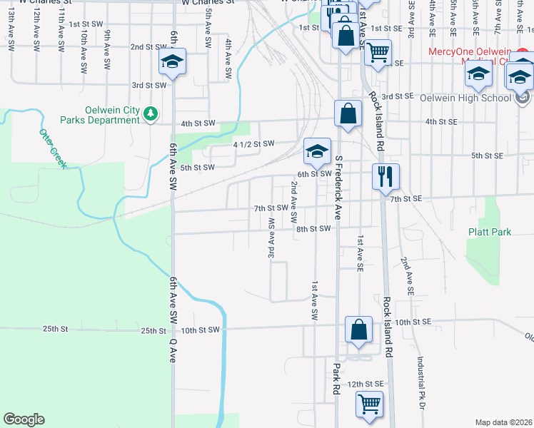 map of restaurants, bars, coffee shops, grocery stores, and more near 352-398 7th Street Southwest in Oelwein