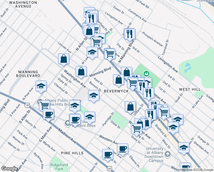 map of restaurants, bars, coffee shops, grocery stores, and more near 101 Kent Street in Albany