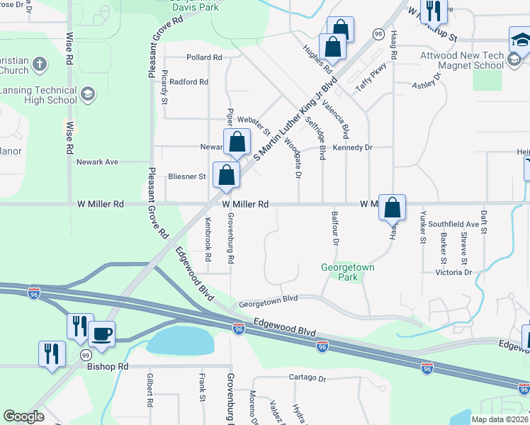 map of restaurants, bars, coffee shops, grocery stores, and more near 2035 West Miller Road in Lansing