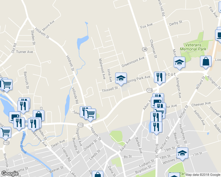 map of restaurants, bars, coffee shops, grocery stores, and more near 23 Thissell Street in Dracut