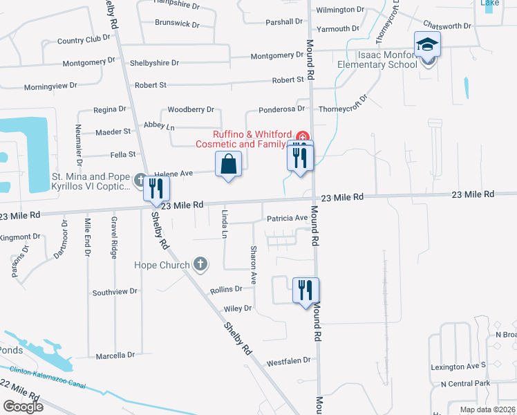 map of restaurants, bars, coffee shops, grocery stores, and more near 5616 23 Mile Road in Macomb County