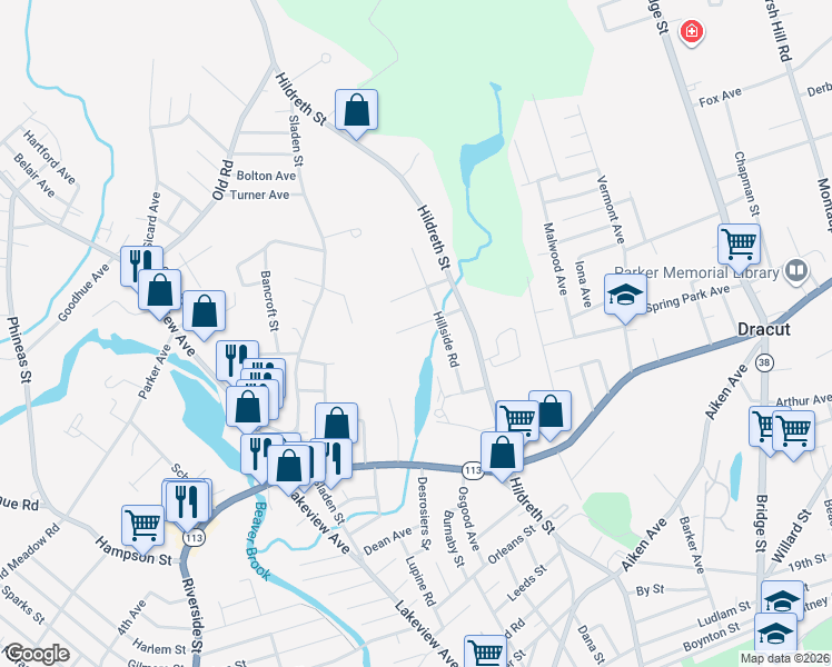 map of restaurants, bars, coffee shops, grocery stores, and more near 65 Burdette Road in Dracut