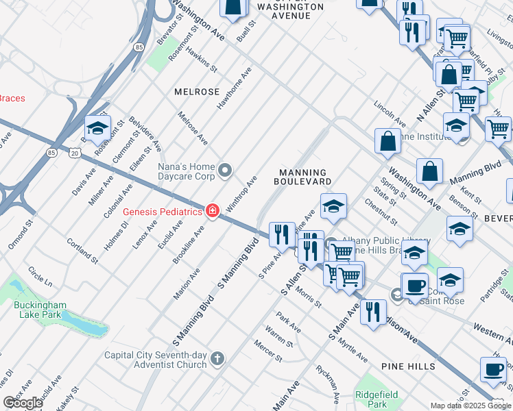 map of restaurants, bars, coffee shops, grocery stores, and more near 30 Manning Boulevard in Albany