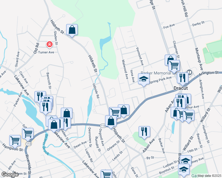 map of restaurants, bars, coffee shops, grocery stores, and more near 96 Genest Street in Dracut
