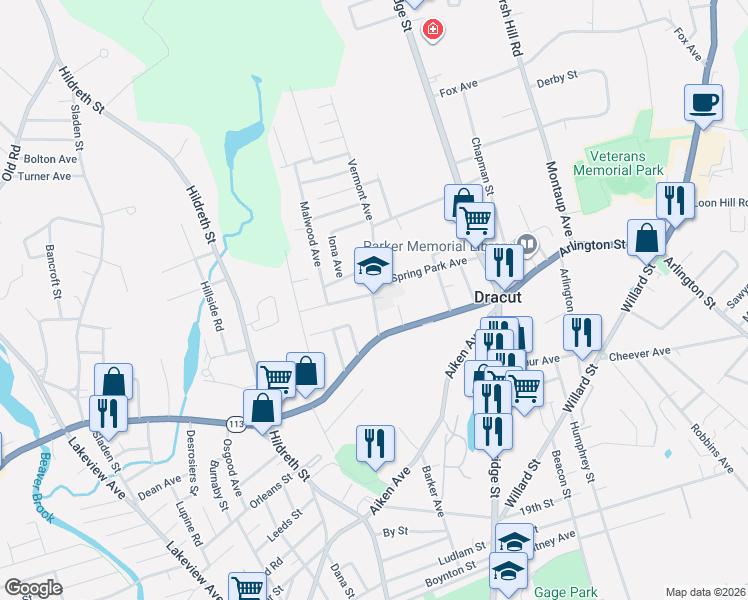 map of restaurants, bars, coffee shops, grocery stores, and more near 37 Greenmont Avenue in Dracut
