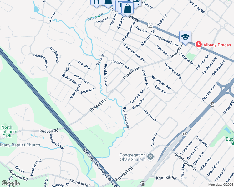 map of restaurants, bars, coffee shops, grocery stores, and more near 7 Fay Street in Albany