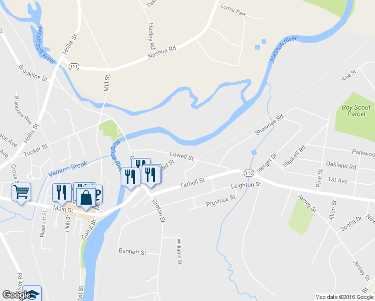 map of restaurants, bars, coffee shops, grocery stores, and more near 18 Lowell Street in Pepperell