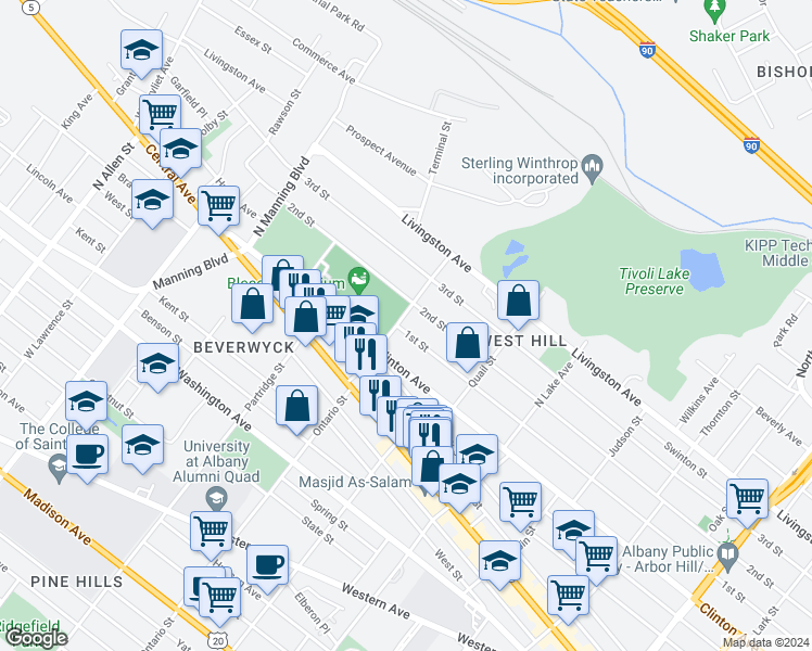 map of restaurants, bars, coffee shops, grocery stores, and more near 86 Ontario Street in Albany