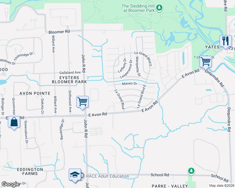 map of restaurants, bars, coffee shops, grocery stores, and more near 600 Le Grand Boulevard in Rochester Hills