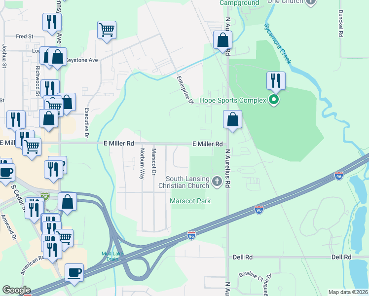 map of restaurants, bars, coffee shops, grocery stores, and more near in Lansing