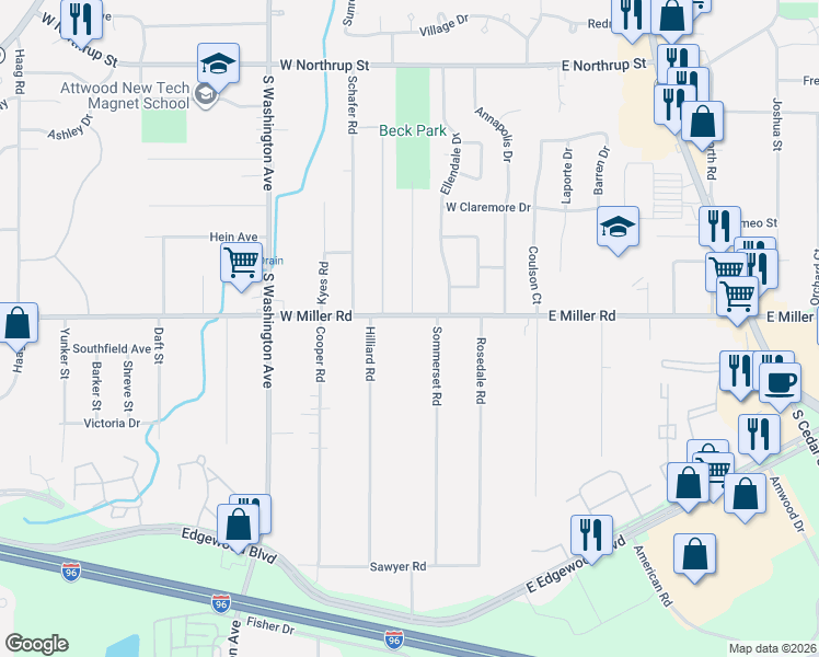 map of restaurants, bars, coffee shops, grocery stores, and more near 417 West Miller Road in Lansing