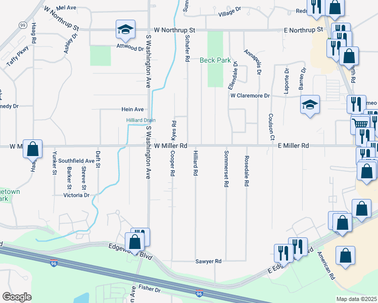 map of restaurants, bars, coffee shops, grocery stores, and more near 515 West Miller Road in Lansing