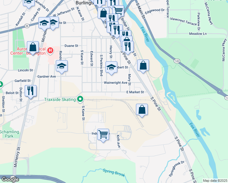 map of restaurants, bars, coffee shops, grocery stores, and more near 229 East Market Street in Burlington