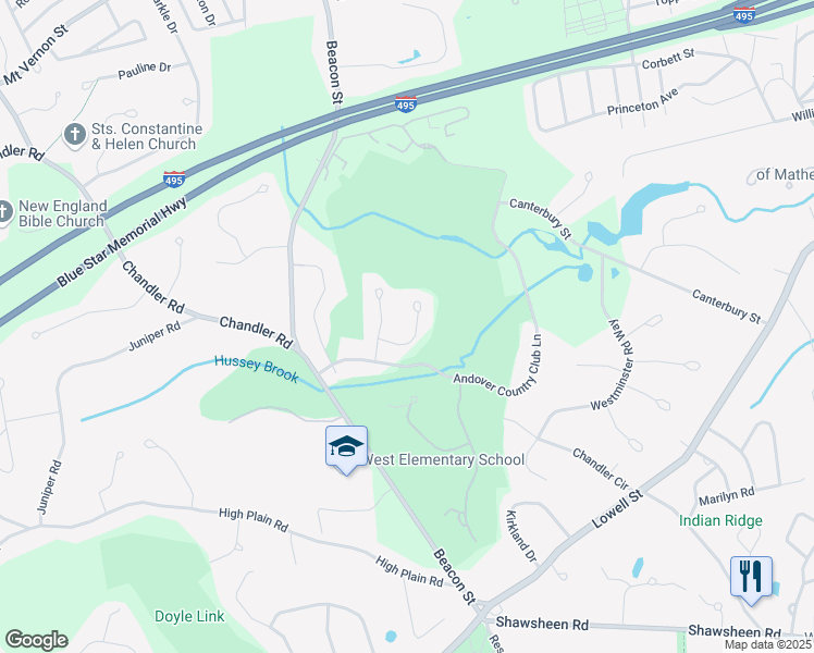 map of restaurants, bars, coffee shops, grocery stores, and more near 6 Cormiers Way in Andover