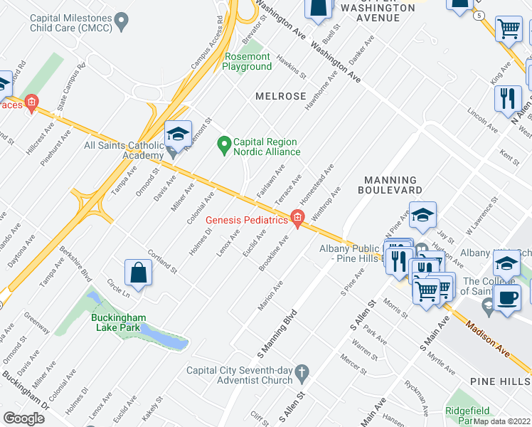 map of restaurants, bars, coffee shops, grocery stores, and more near 674 Western Avenue in Albany