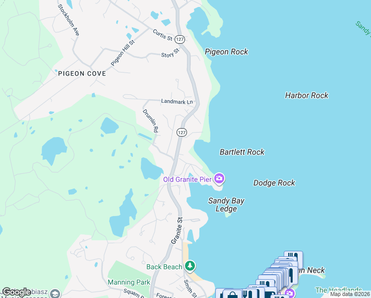 map of restaurants, bars, coffee shops, grocery stores, and more near 101 Granite Street in Rockport