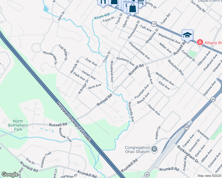 map of restaurants, bars, coffee shops, grocery stores, and more near 2 Brookland Avenue in Albany