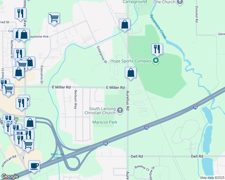 map of restaurants, bars, coffee shops, grocery stores, and more near 1906 East Miller Road in Lansing