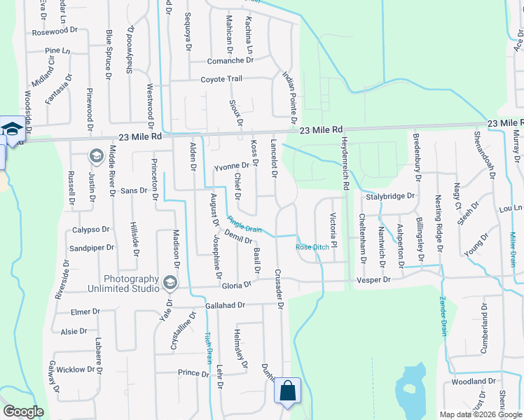 map of restaurants, bars, coffee shops, grocery stores, and more near 50314 Koss Drive in Macomb