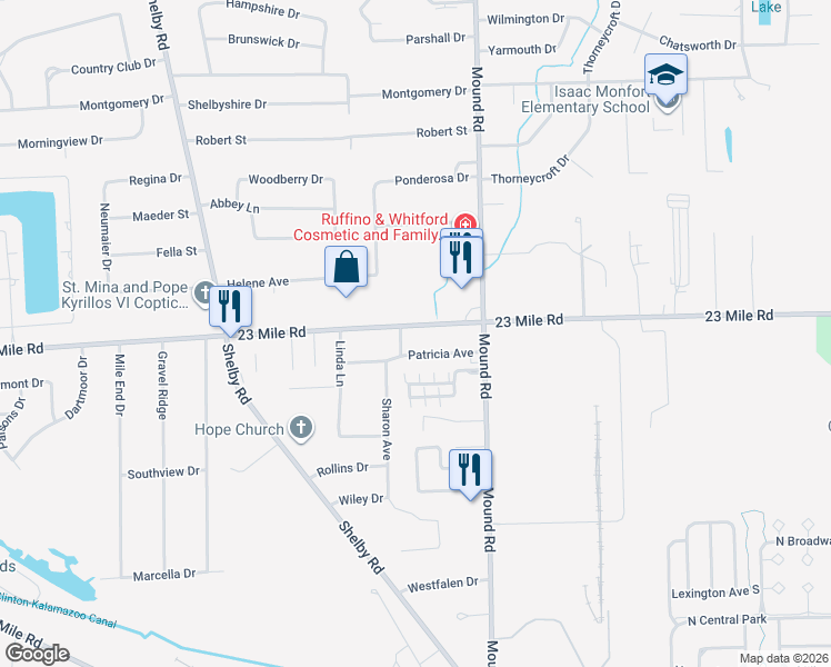 map of restaurants, bars, coffee shops, grocery stores, and more near 5616 23 Mile Road in Macomb County