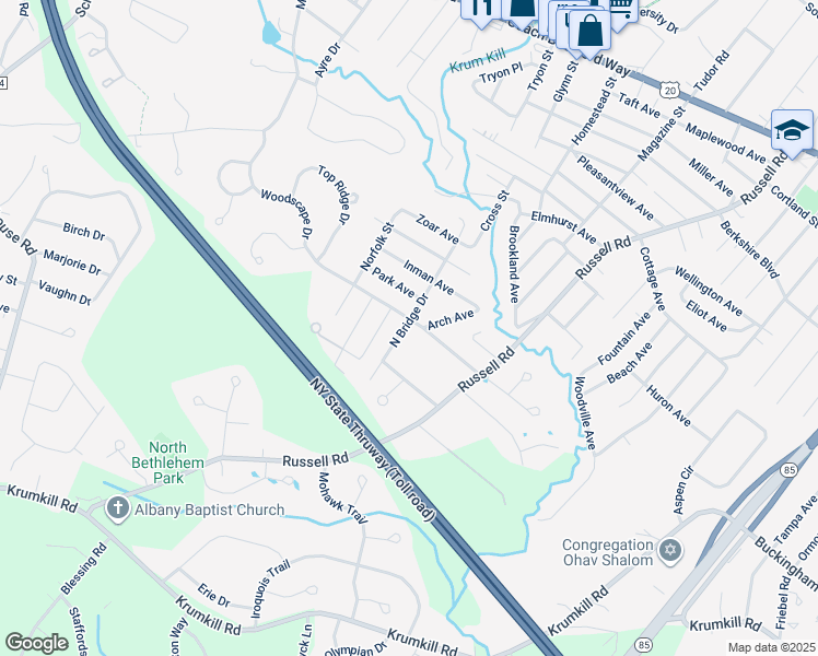 map of restaurants, bars, coffee shops, grocery stores, and more near 36 Monroe Avenue in Albany