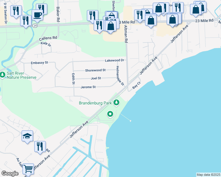 map of restaurants, bars, coffee shops, grocery stores, and more near 34732 Jerome Street in New Baltimore