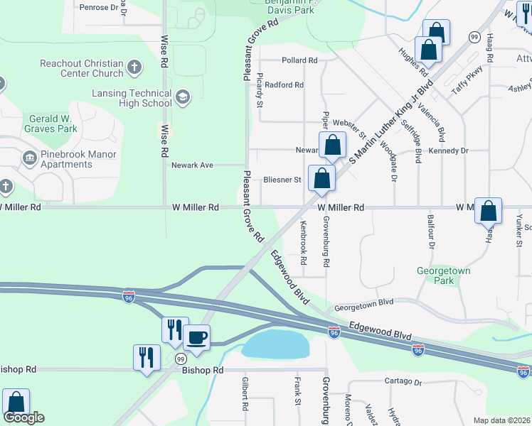 map of restaurants, bars, coffee shops, grocery stores, and more near 2425 West Miller Road in Lansing