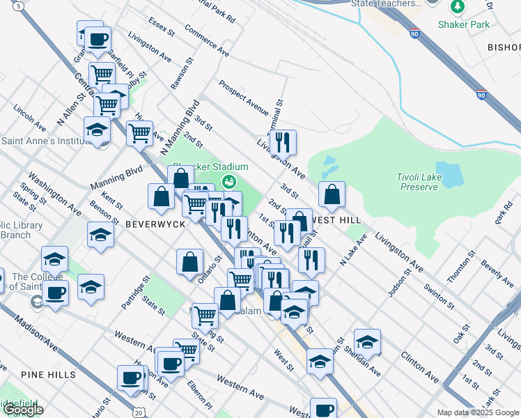 map of restaurants, bars, coffee shops, grocery stores, and more near 86 Ontario Street in Albany