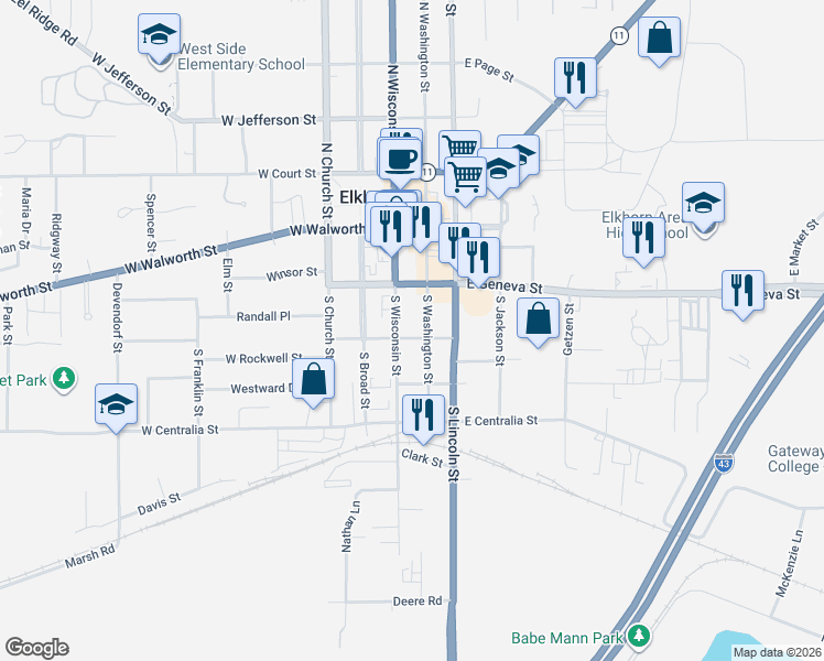 map of restaurants, bars, coffee shops, grocery stores, and more near 121 1/2 South Wisconsin Street in Elkhorn