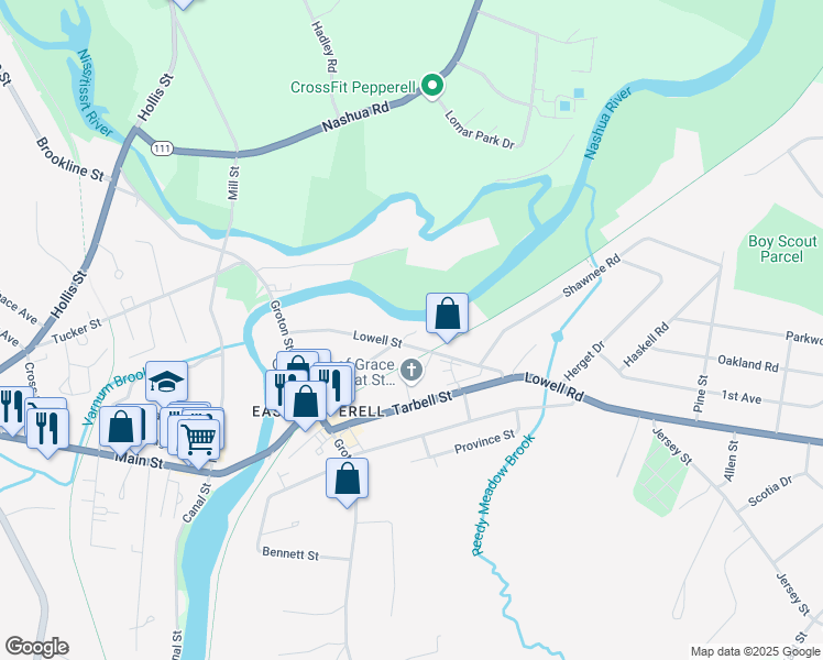 map of restaurants, bars, coffee shops, grocery stores, and more near 18 Lowell Street in Pepperell