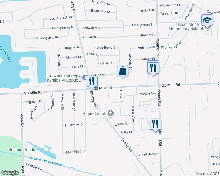 map of restaurants, bars, coffee shops, grocery stores, and more near 5165 23 Mile Road in Macomb County