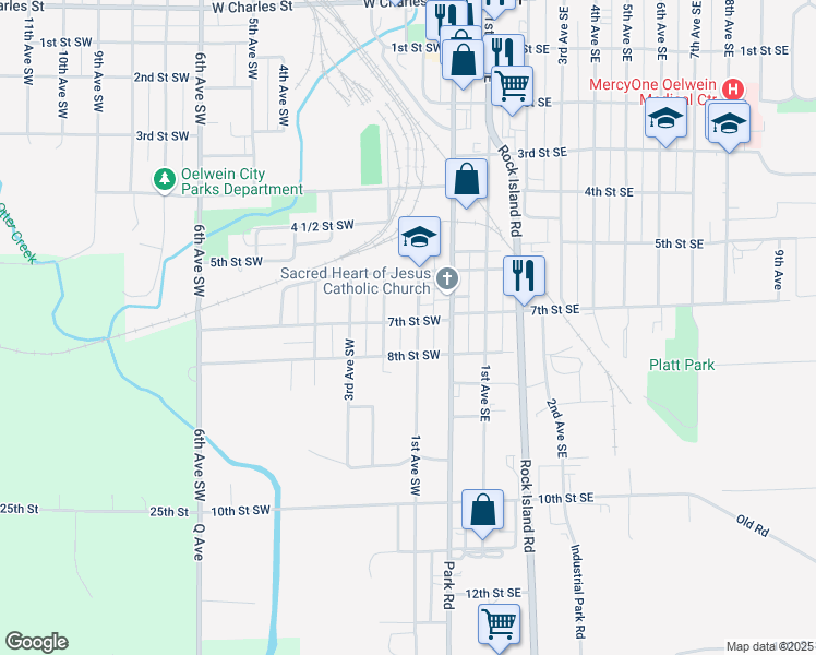 map of restaurants, bars, coffee shops, grocery stores, and more near 150 7th Street Southwest in Oelwein