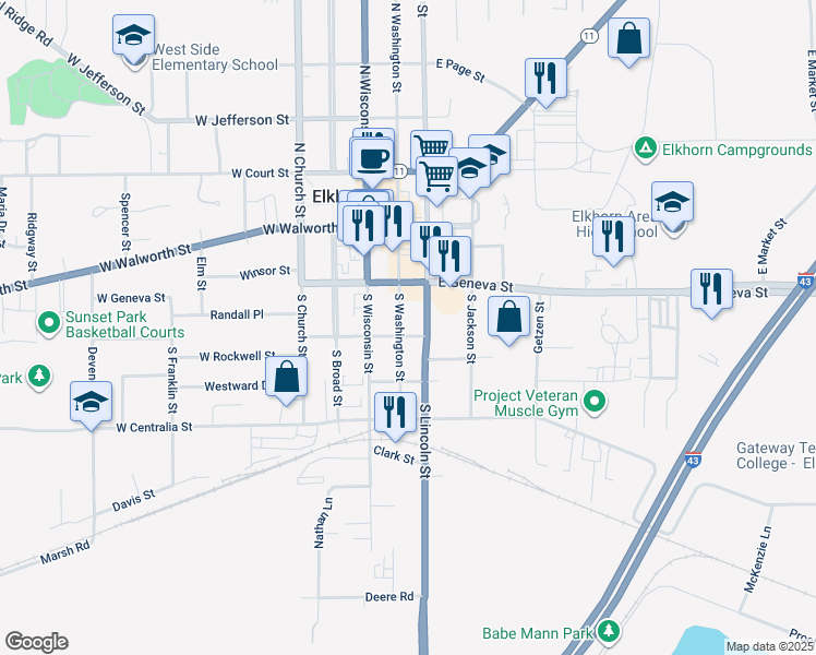 map of restaurants, bars, coffee shops, grocery stores, and more near 123 South Washington Street in Elkhorn