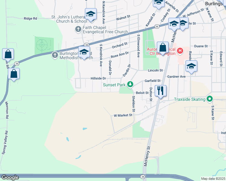 map of restaurants, bars, coffee shops, grocery stores, and more near 440 Donald Drive in Burlington