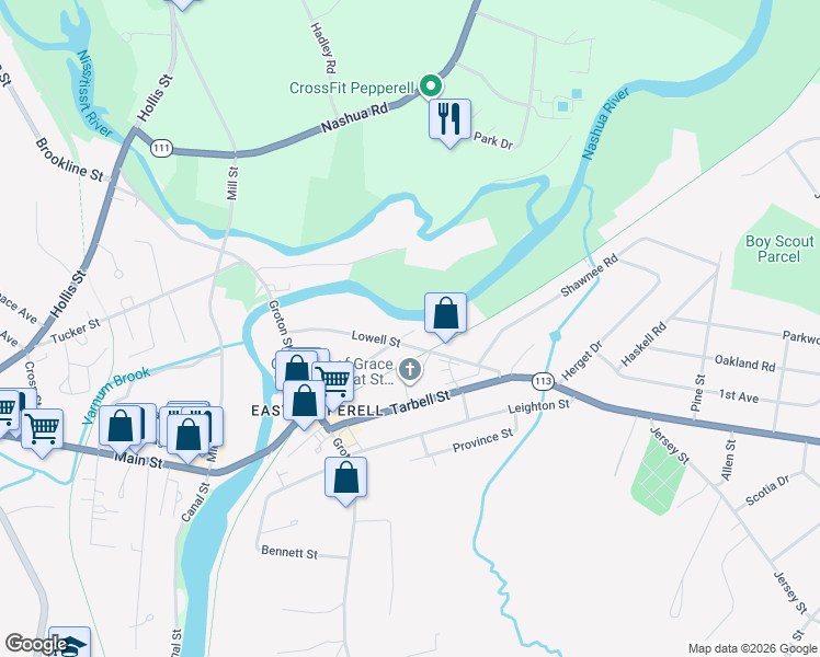 map of restaurants, bars, coffee shops, grocery stores, and more near 18 Lowell Street in Pepperell