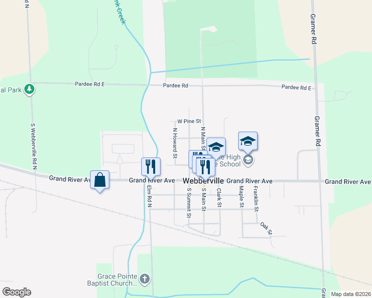 map of restaurants, bars, coffee shops, grocery stores, and more near 301 North Summit Street in Webberville