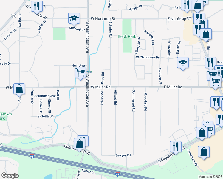 map of restaurants, bars, coffee shops, grocery stores, and more near 515 West Miller Road in Lansing