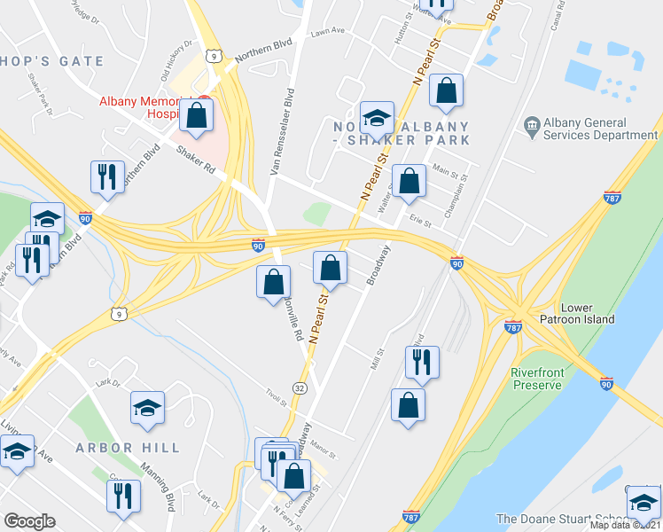 map of restaurants, bars, coffee shops, grocery stores, and more near 49 Emmet Street in Albany