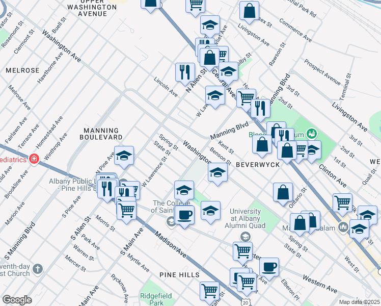 map of restaurants, bars, coffee shops, grocery stores, and more near 790 Washington Avenue in Albany