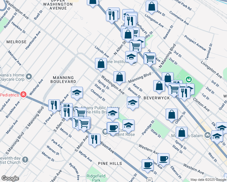map of restaurants, bars, coffee shops, grocery stores, and more near 790 Washington Avenue in Albany